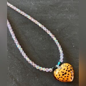 Handmade Pink Iridescent Beaded Necklace with Orange Leopard Heart Pendant